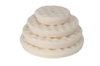 Stack of RUPES WAFFLE ULTRA-FINE Polishing Foam pads from largest to smallest, showing various size options.