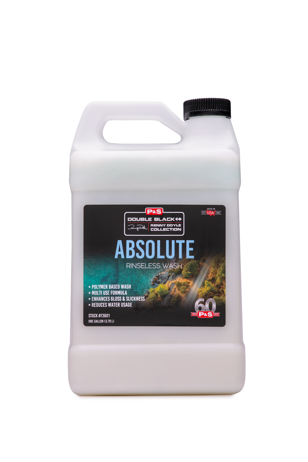 One-gallon jug of P&S Absolute Rinseless Wash, a polymer-based formula that encapsulates dirt for safe, effective washing.