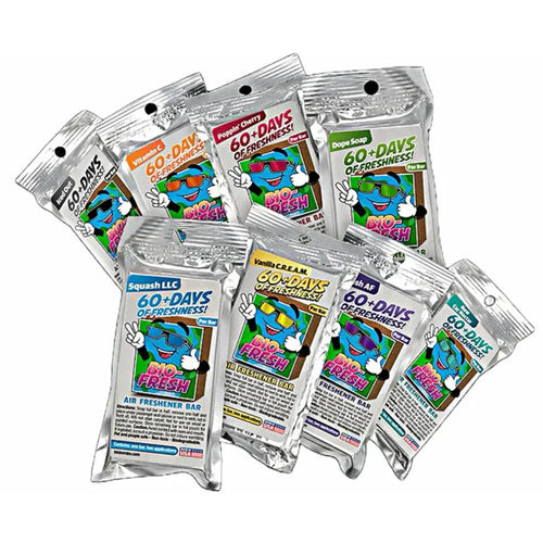 Multiple packages of 'Bio Fresh' air freshener bars on a white background