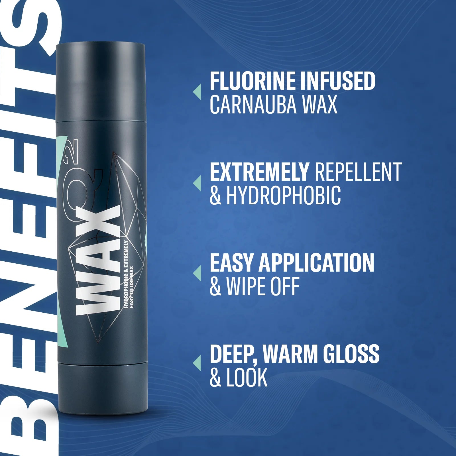 Overview of GYEON Q² Wax highlighting key features like easy application and effortless wipe-off.
