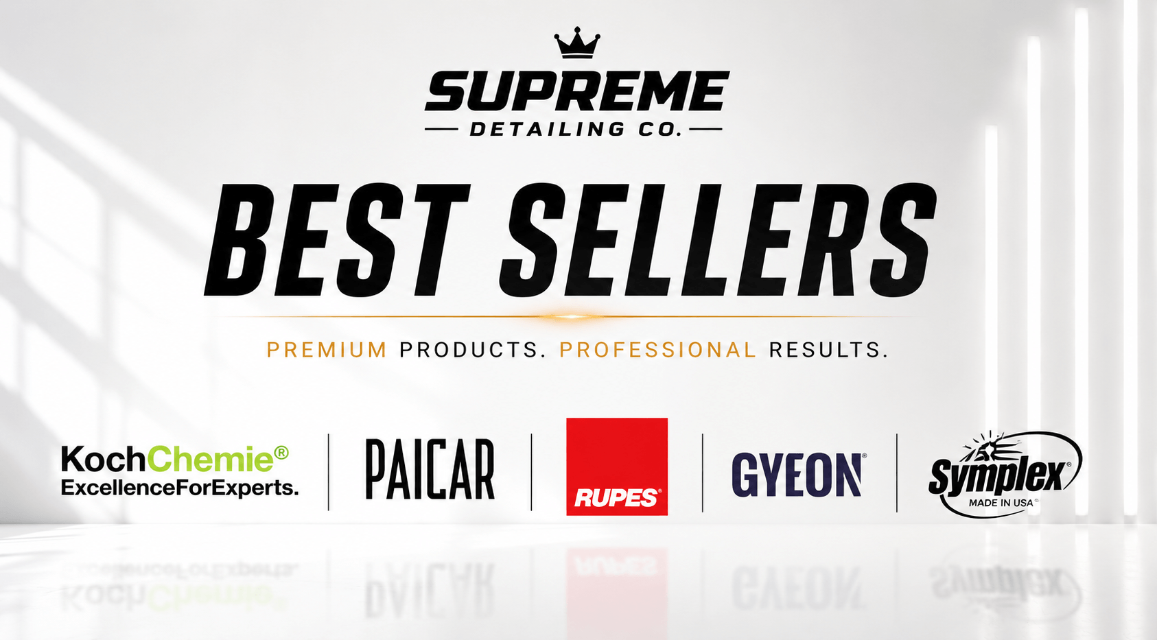 Supreme Detailing Co. Best Sellers banner with various brand logos on a white background