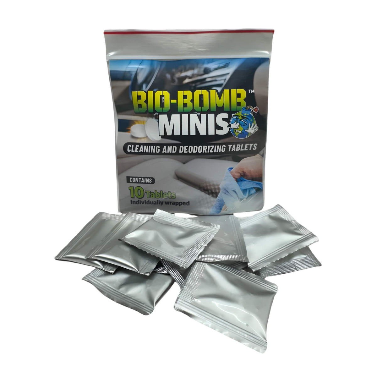 Bio-Bomb Minis pack with 10 dissolvable tablets for high-strength deodorizing and cleaning using chlorine dioxide.