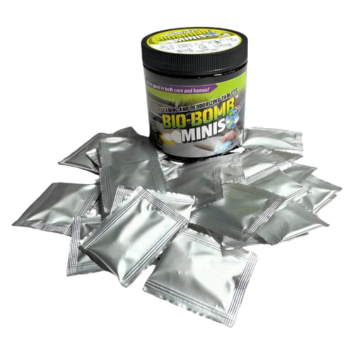 Bio-Bomb Minis pack with 25 dissolvable tablets for high-strength deodorizing and cleaning using chlorine dioxide.