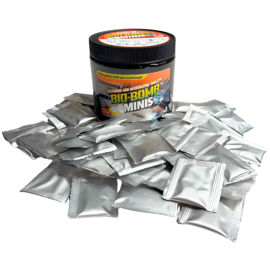 Bio-Bomb Minis pack with 50 dissolvable tablets for high-strength deodorizing and cleaning using chlorine dioxide.