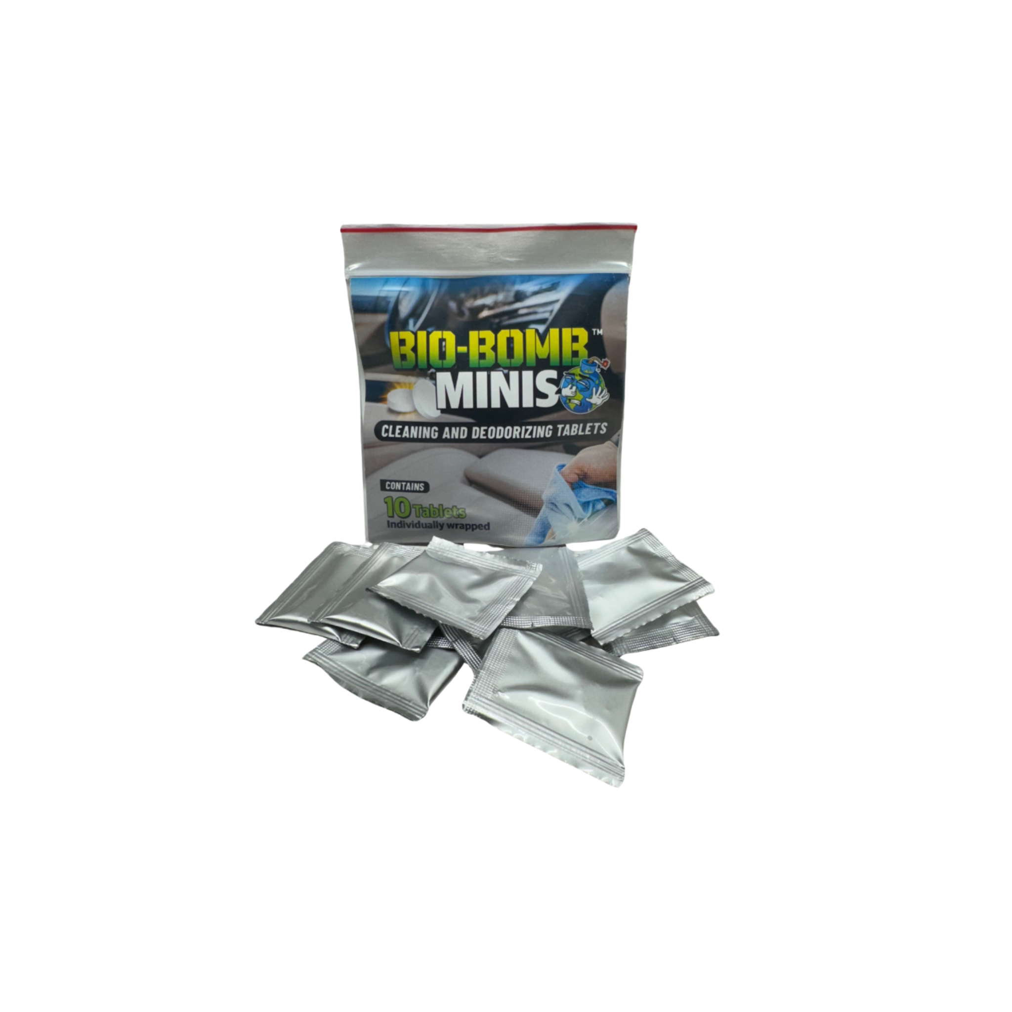 Bio-Bomb Minis pack with 10 dissolvable tablets for high-strength deodorizing and cleaning using chlorine dioxide.