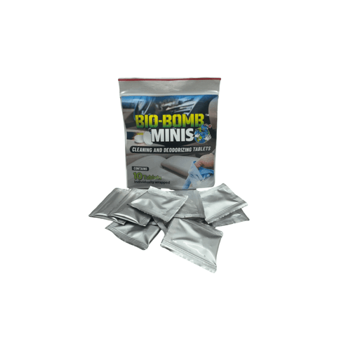 Bio-Bomb Minis pack with 10 dissolvable tablets for high-strength deodorizing and cleaning using chlorine dioxide.