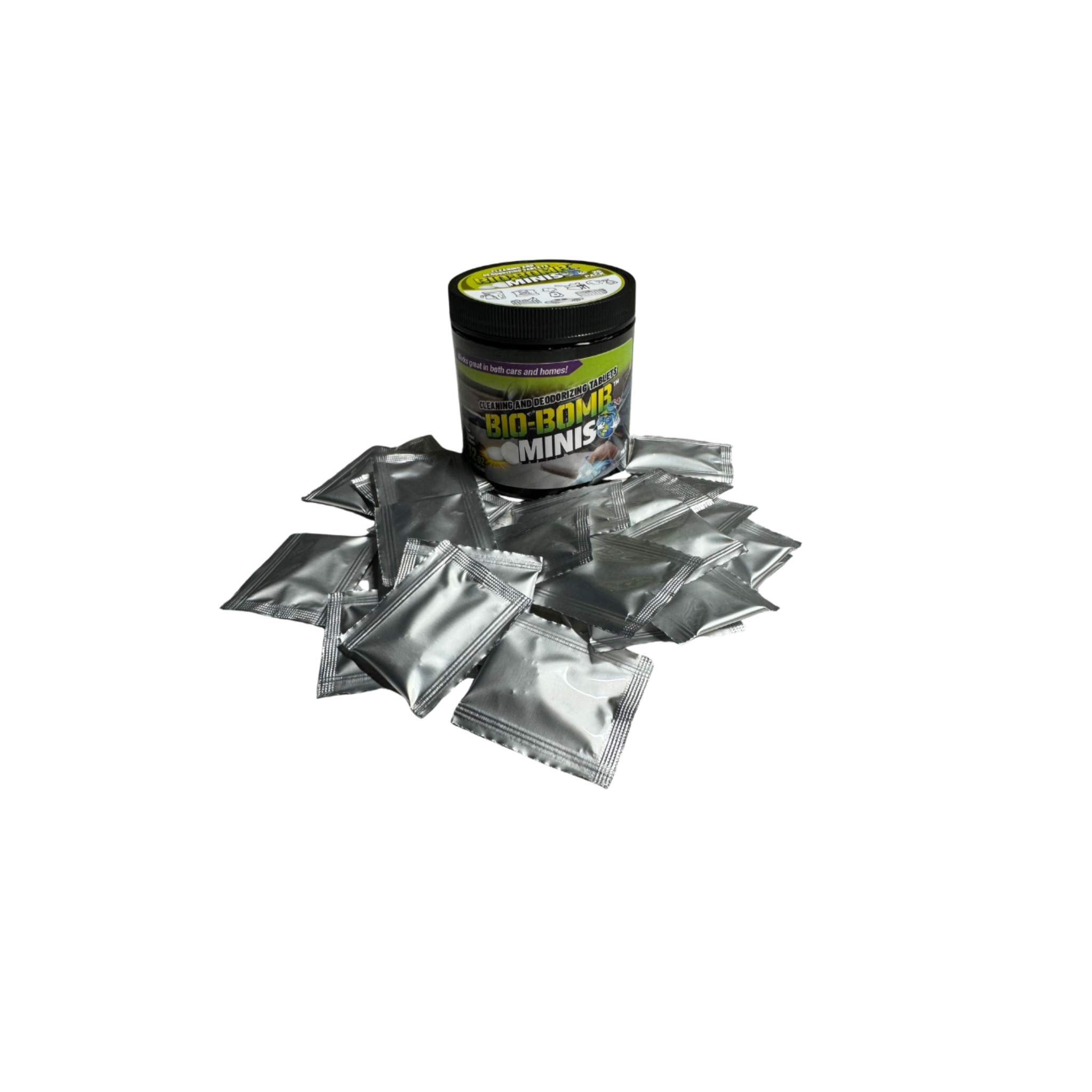 Assortment of Bio-Bomb Minis—dissolvable tablets that deodorize, clean, and sanitize using a chlorine dioxide solution.