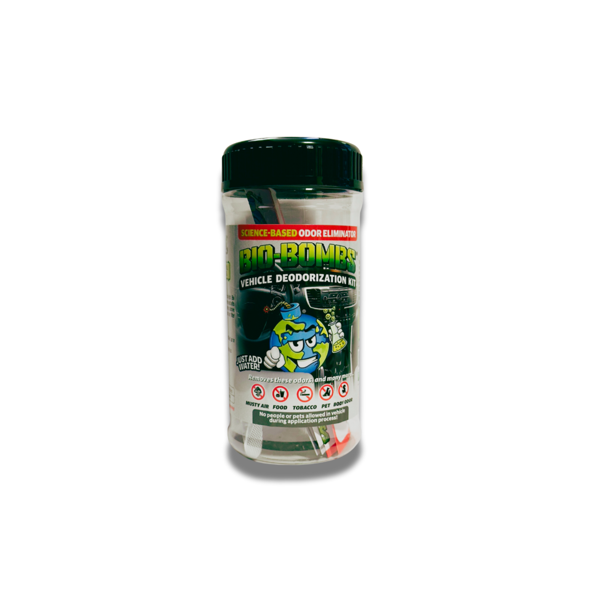Bio-Bombs Vehicle Deodorization Kit, a complete odor elimination solution using a chlorine dioxide gas-off treatment.