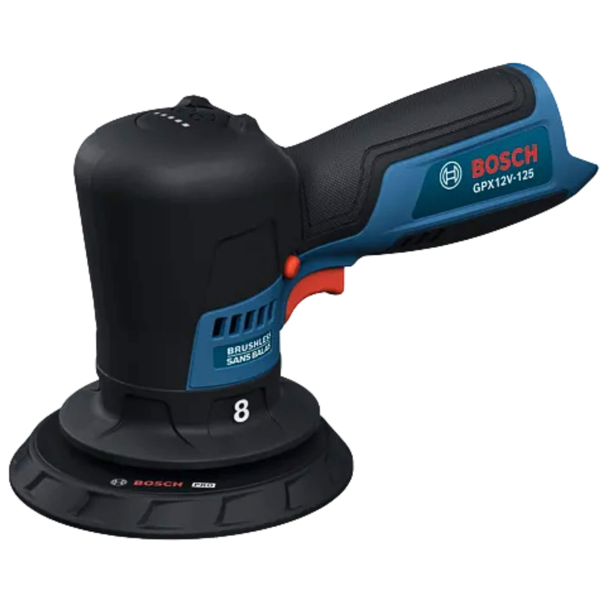 Bosch 12V 5-In. Random Orbital Polisher features a brushless motor, 5/16-in. orbit and variable speed for paint polishing.