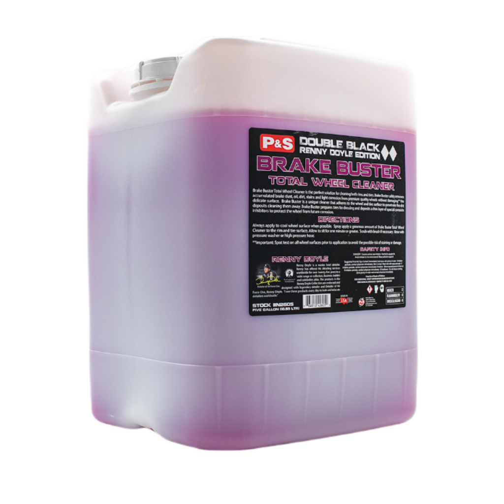 Five-gallon jug of P&S Brake Buster, an acid-free wheel cleaner which produces intense foam to penetrate and break down dirt.