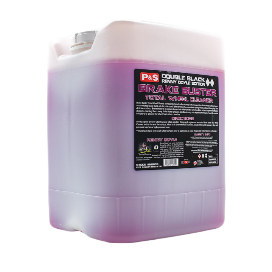 Five-gallon jug of P&S Brake Buster, an acid-free wheel cleaner which produces intense foam to penetrate and break down dirt.
