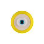Circular object with yellow rim and blue center on a white background