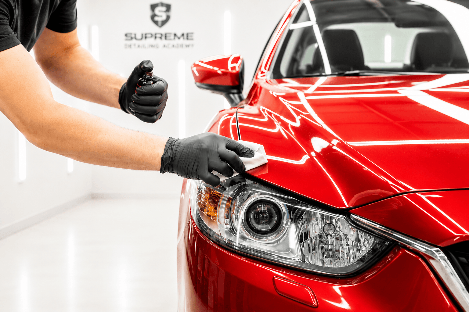 A person wearing black gloves applies a liquid from a spray bottle onto a red car hood in a bright detailing studio. The Supreme Detailing Academy logo is visible on the wall behind.
