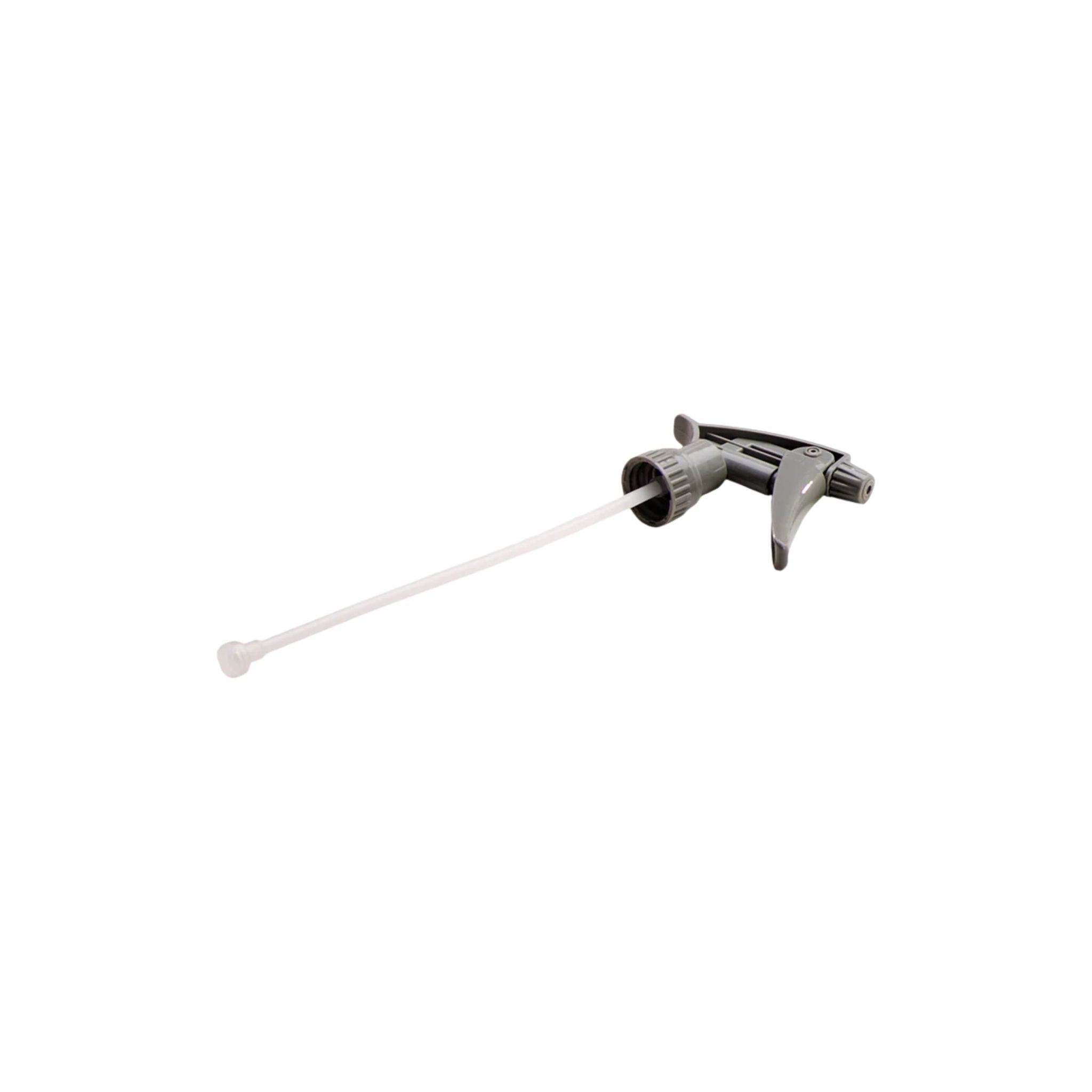 Chemical Resistant Gray Spray Bottle Trigger with an adjustable nozzle designed for use with strong cleaners.