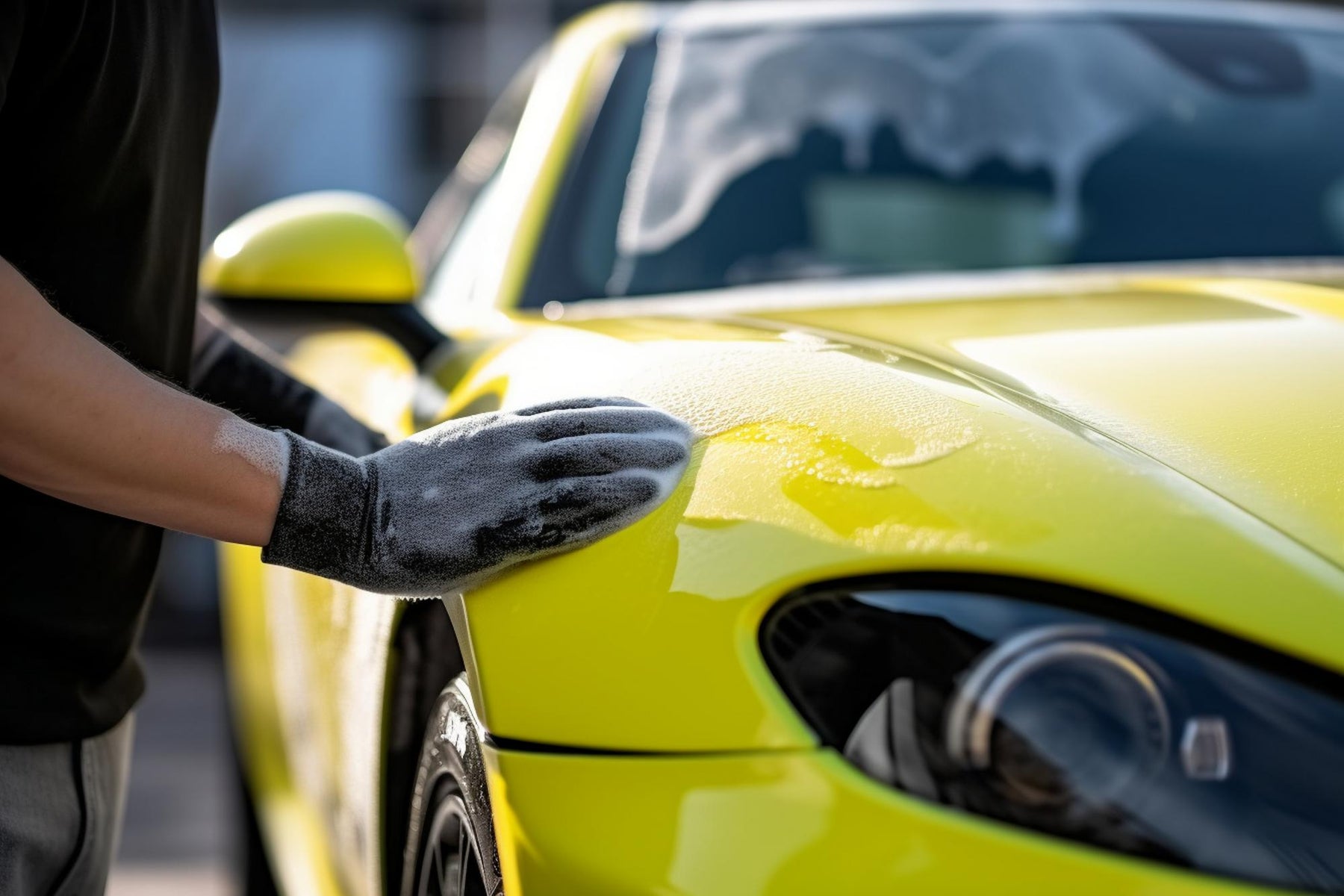 Close-up of Car Washing process on yellow car exterior