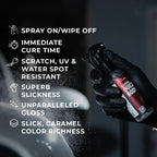 Gloved hand spraying Diamond ProTech Diamond Quick Body, highlighting features like instant cure time and scratch resistance.