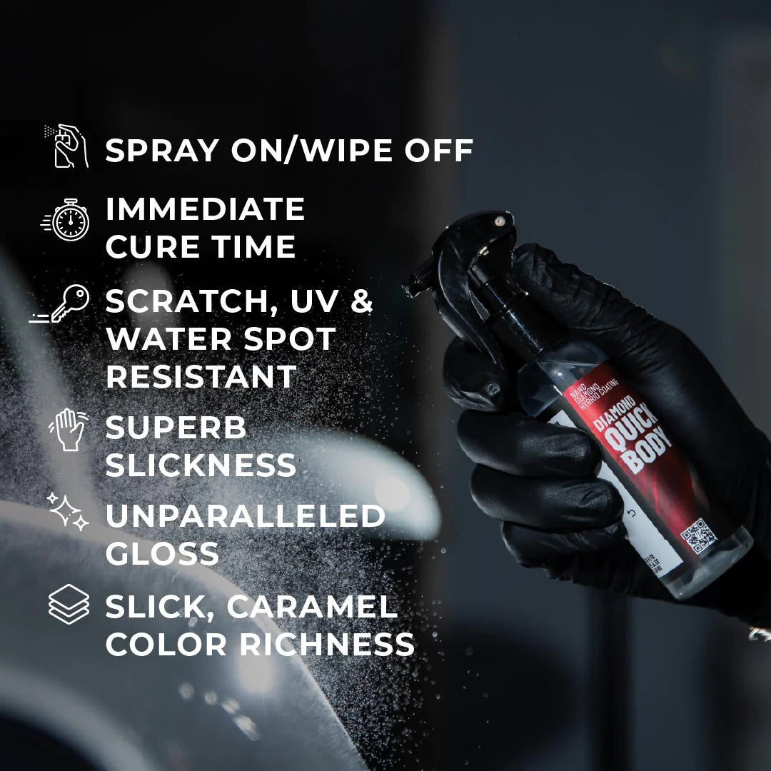 Gloved hand spraying Diamond ProTech Diamond Quick Body, highlighting features like instant cure time and scratch resistance.