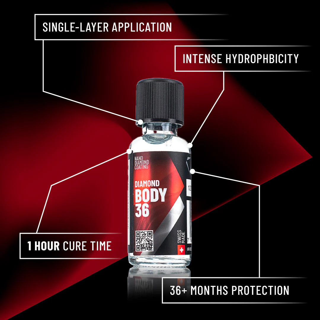 Detailed view of Diamond ProTech Diamond Body 36, a single-layer coating with a 1 hour cure time and intense hydrophobicity.