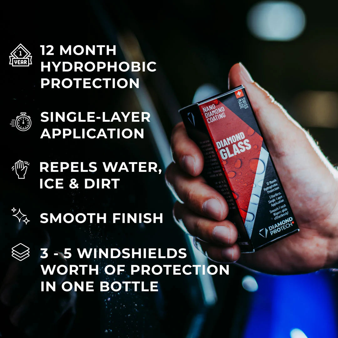 Detailed view of Diamond ProTech Diamond Glass designed to repel water, ice, and dirt.