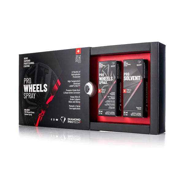 Diamond ProTech Pro Wheels Spray shown with included wheel coating, cleaning solvent, and spray gun adapter.