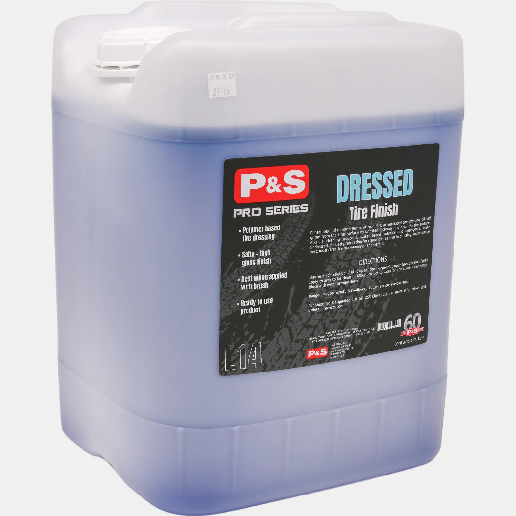 Five-gallon jug of P&S Dressed Tire Finish, best applied after Undressed with a brush or spray bottle.
