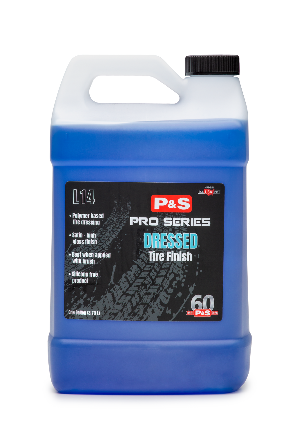 One-gallon jug of P&S Dressed Tire Finish, a polymer-based tire dressing for a satin or high-gloss finish.