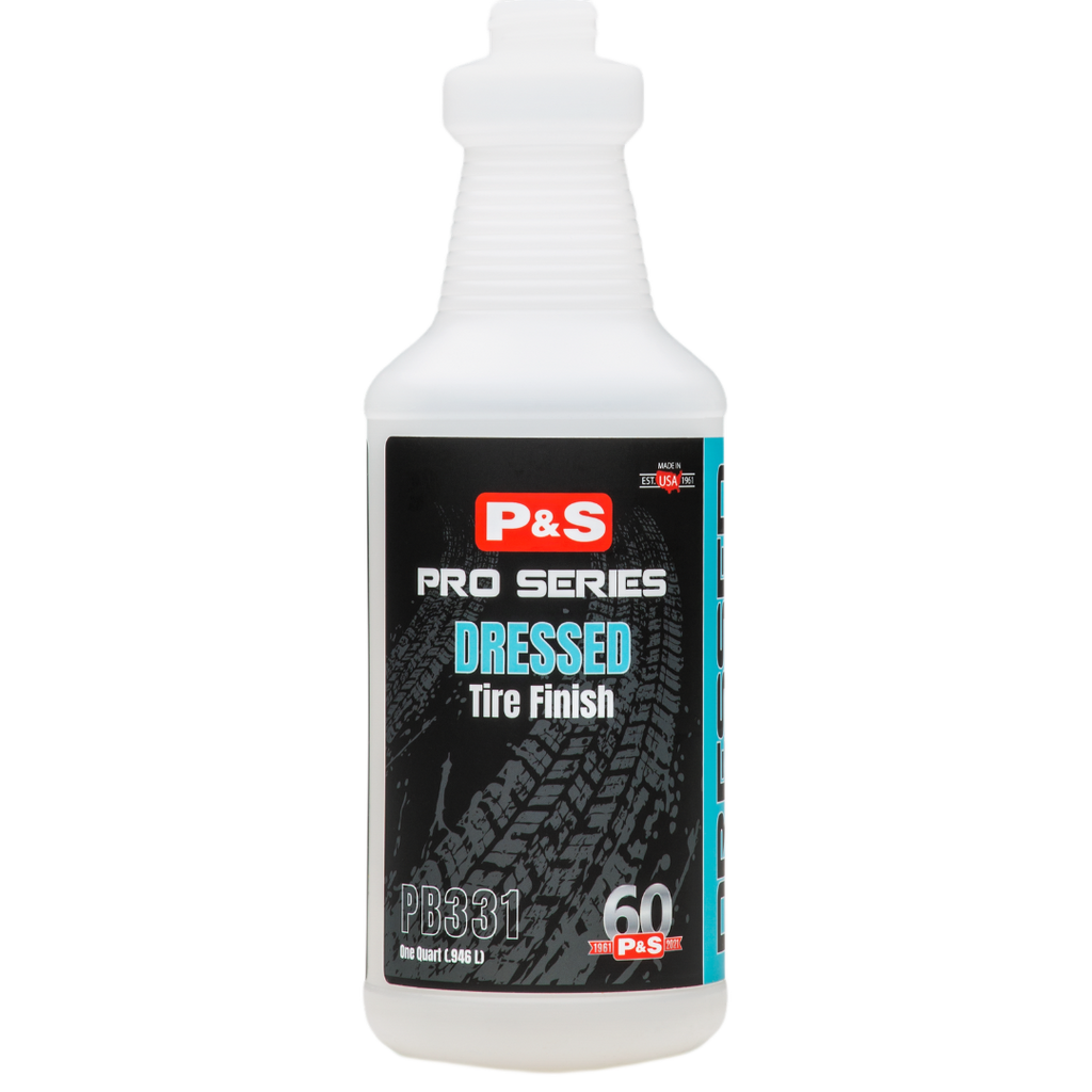32 oz bottle of P&S Dressed Tire Finish, a safe and non-hazardous alternative to traditional silicone-based dressings.