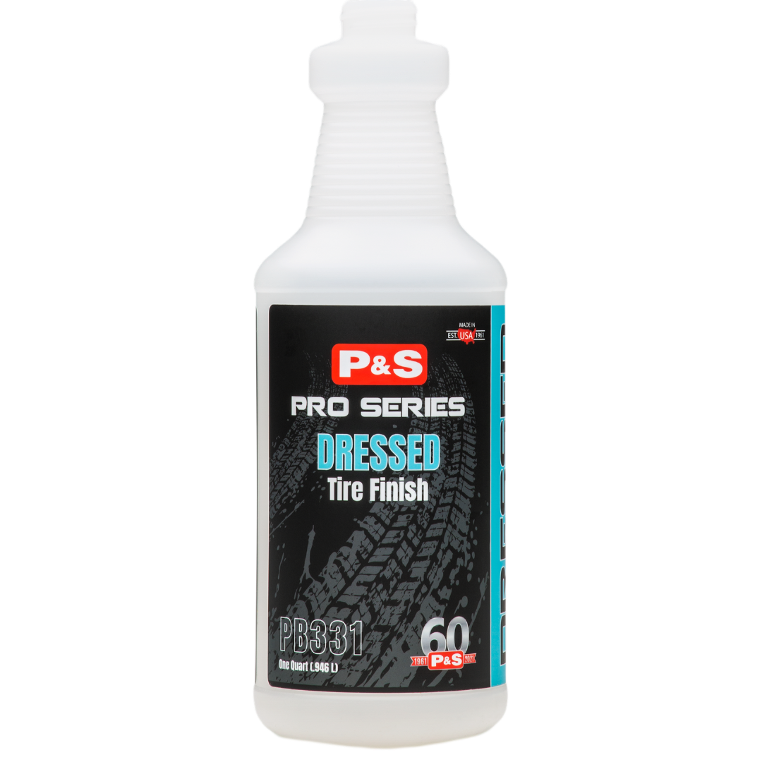 32 oz bottle of P&S Dressed Tire Finish, a safe and non-hazardous alternative to traditional silicone-based dressings.
