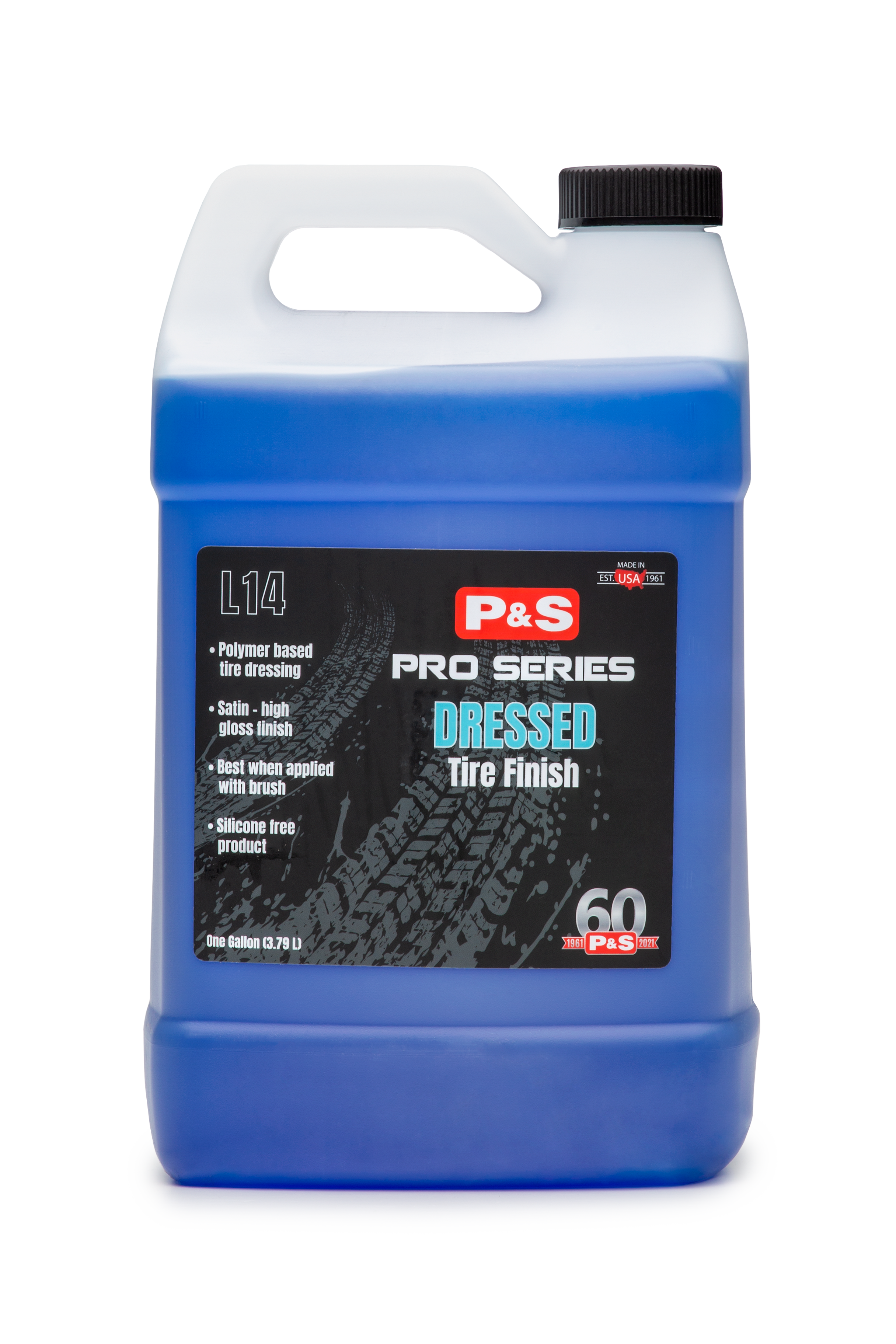One-gallon jug of P&S Dressed Tire Finish, a polymer-based tire dressing for a satin or high-gloss finish.