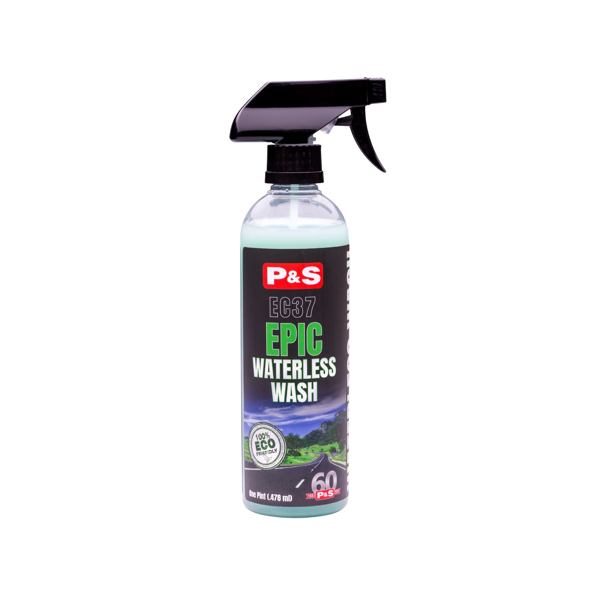 Bottle of P&S Epic Waterless Wash, usable wet or dry to effortlessly clean and shine paint, metal, or glass.