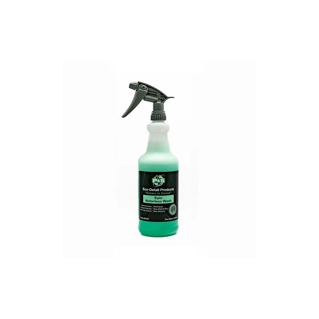 Bottle of P&S Epic Waterless Wash, usable wet or dry to effortlessly clean and shine paint, metal, or glass.