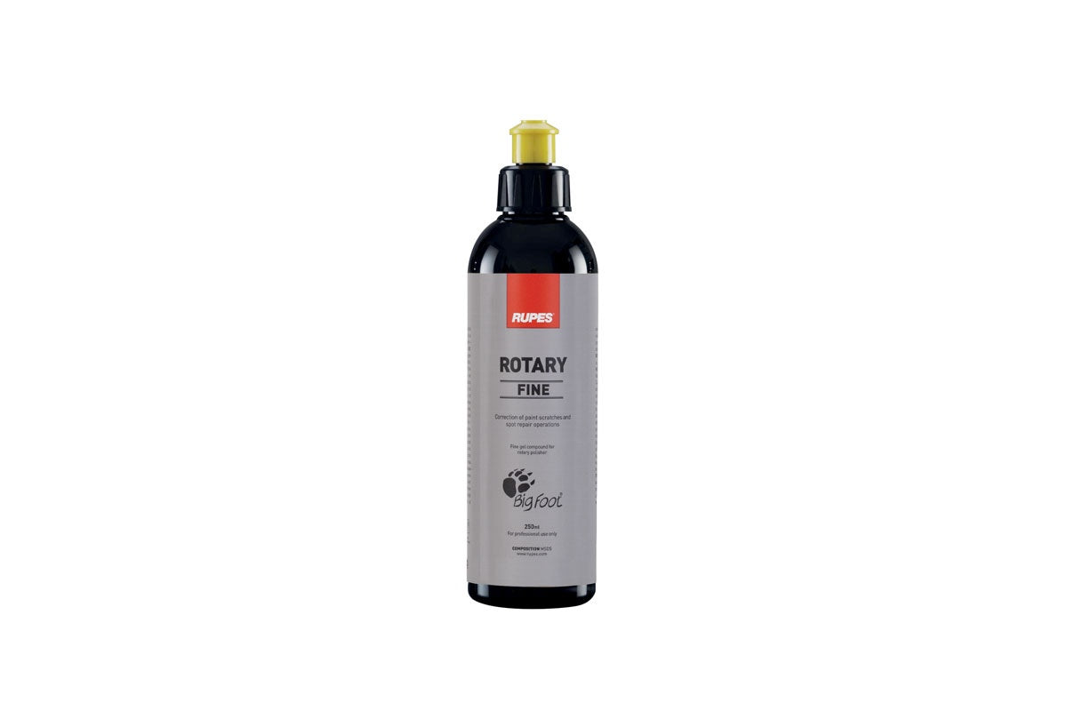 Bottle of RUPES ROTARY FINE, a fine polishing compound for rotary polishers that leaves a hologram-free finish.
