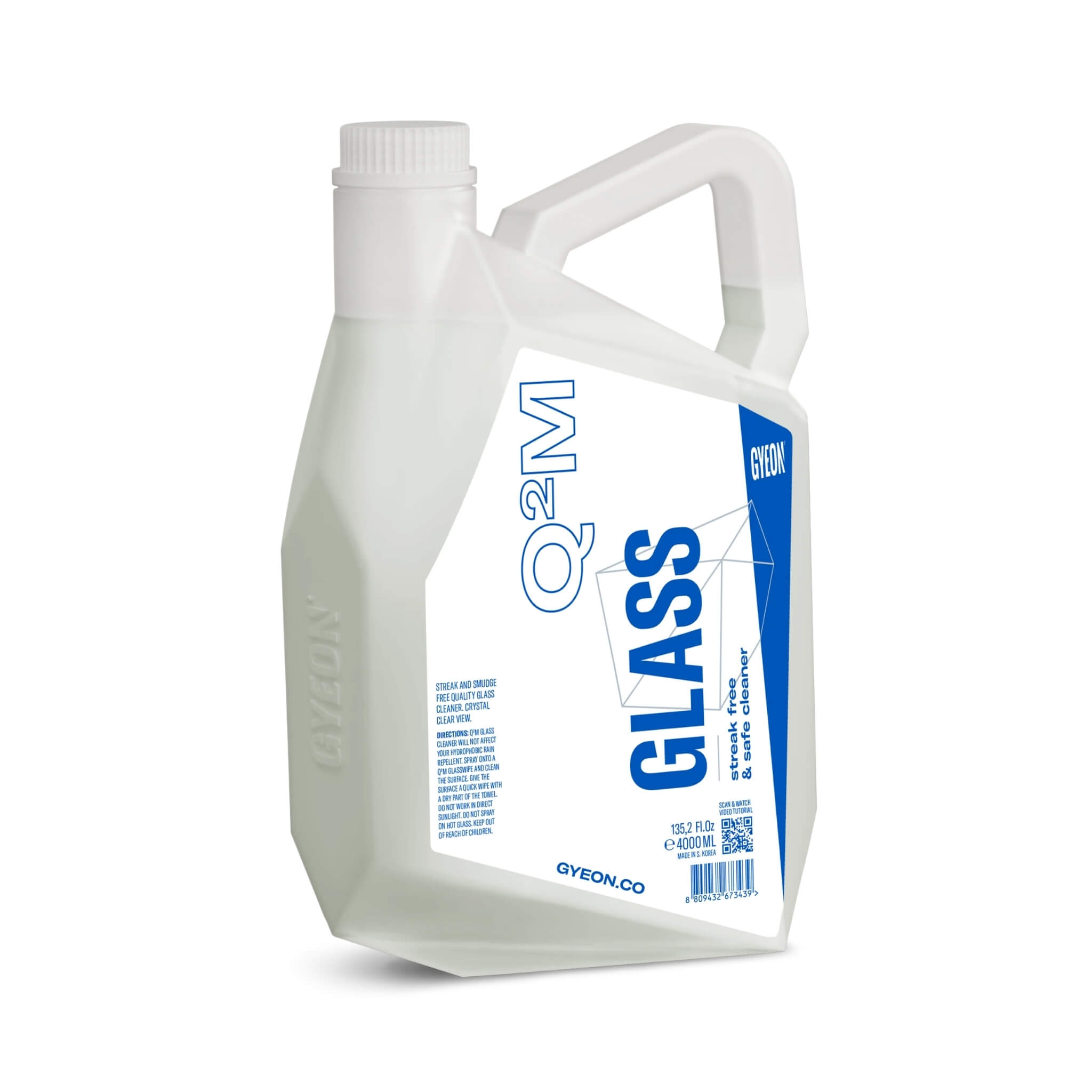 4L jug of GYEON Q²M Glass for streak-free cleaning of automotive windows and glass surfaces.