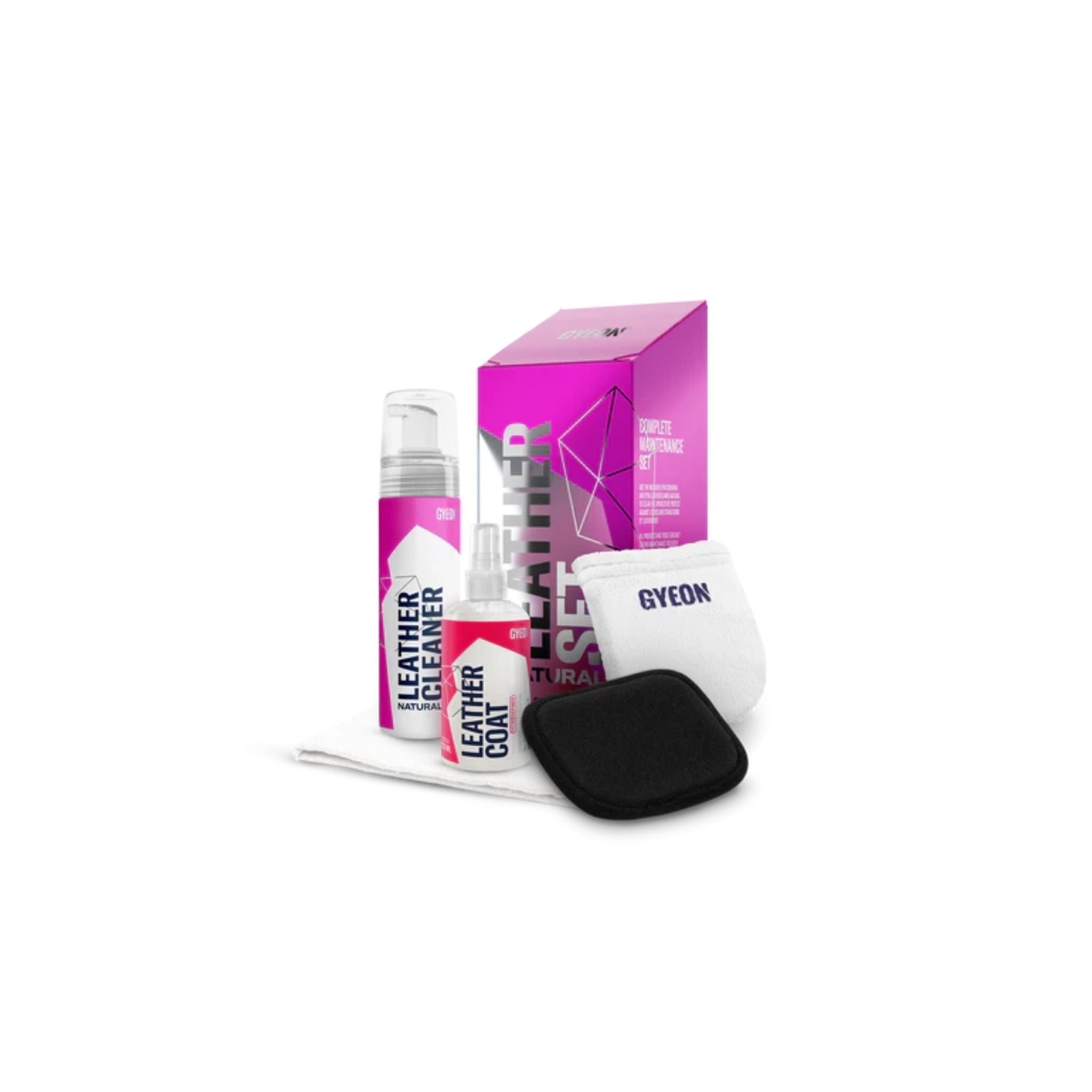 Gyeon Q²M Leather Set Natural leather care kit for gentle cleaning and protection of automotive leather interiors.