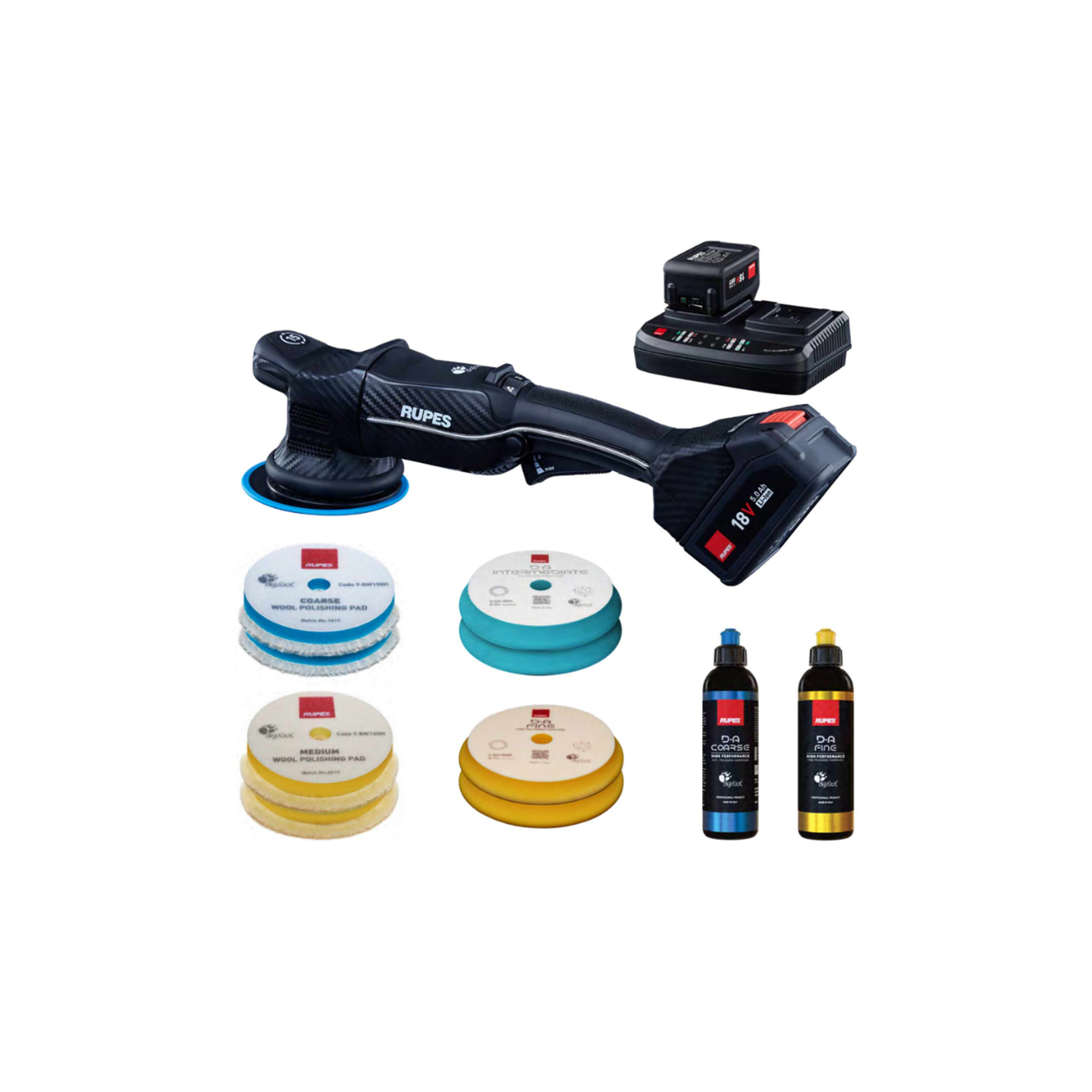 RUPES BigFoot HLR15 iBRID Complete Kit shown with included pads, polish, charger, and batteries.