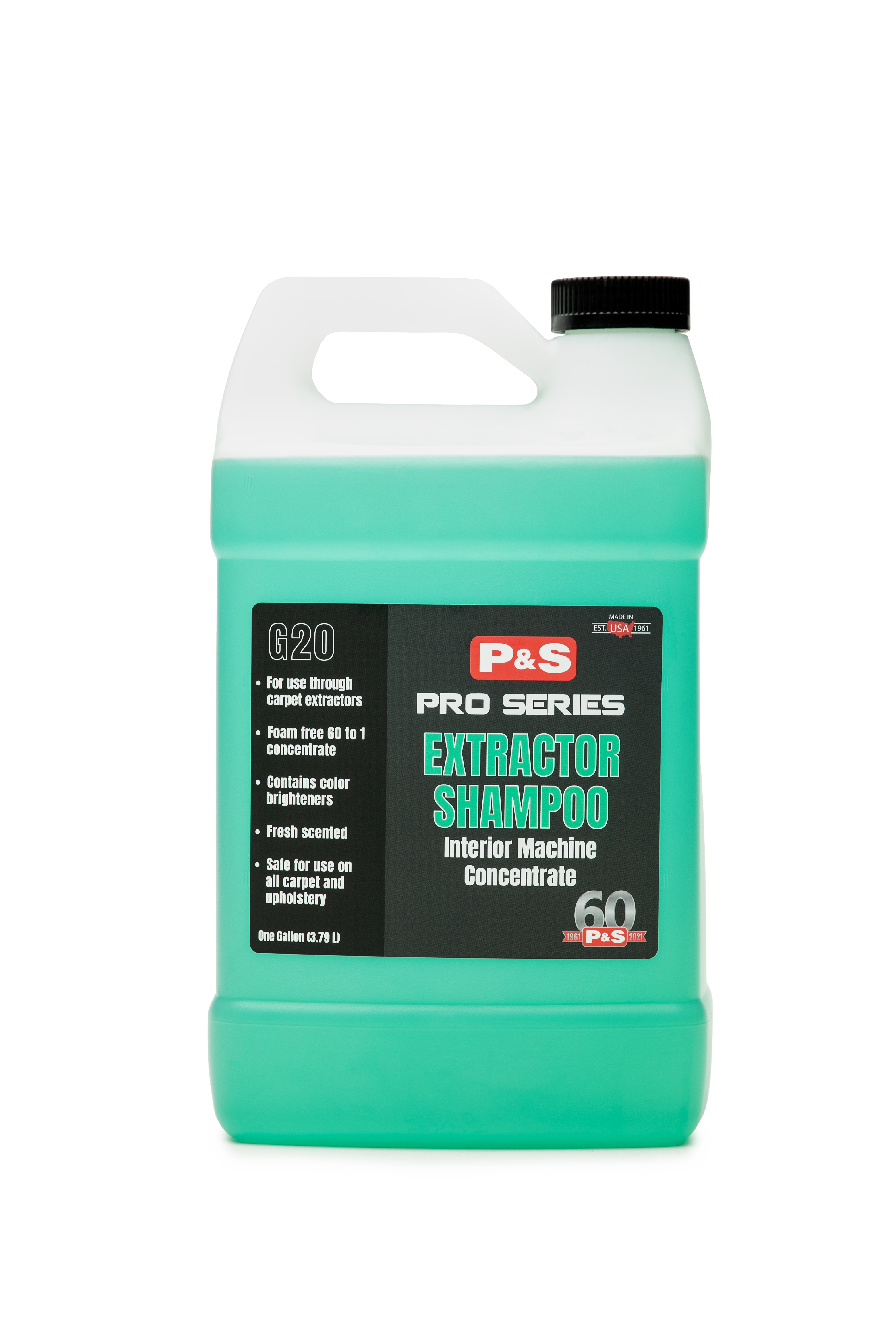 One-gallon jug of P&S Extractor Shampoo, safe for all carpet types and contains color brighteners for effective cleaning.