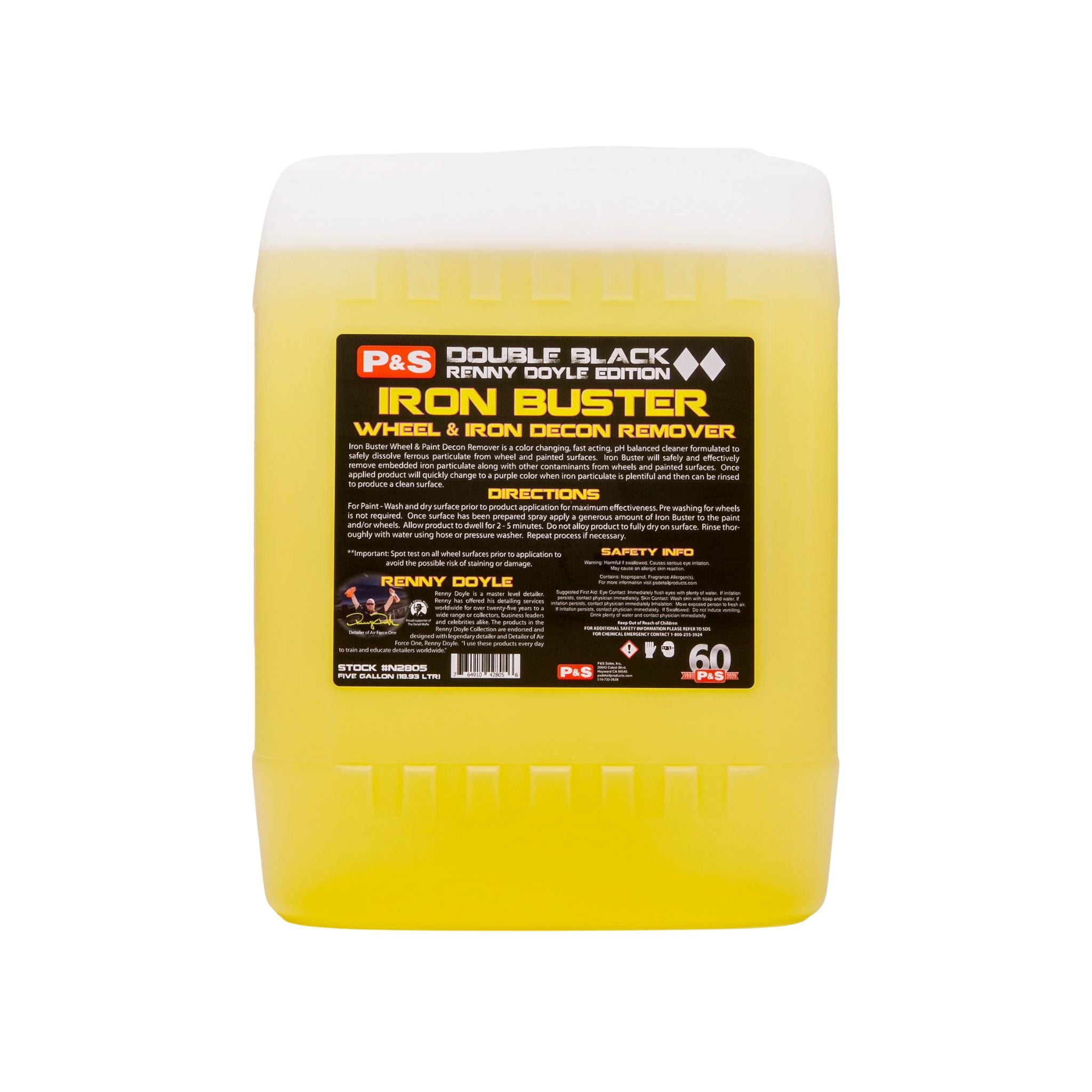 Five-gallon jug of P&S Iron Buster, an easy-to-use cleaner that removes contaminants from wheels and painted surfaces.