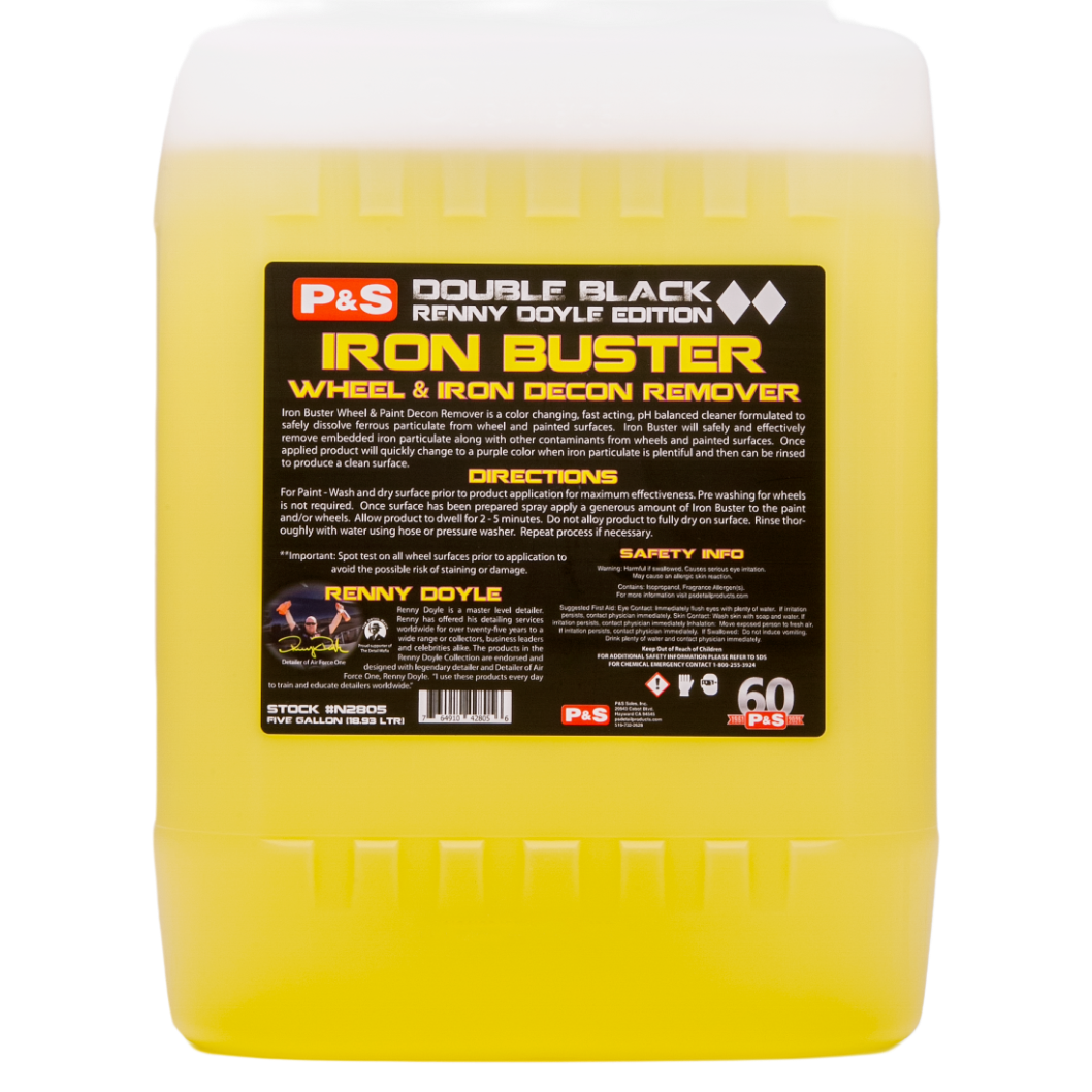 Five-gallon jug of P&S Iron Buster, an easy-to-use cleaner that removes contaminants from wheels and painted surfaces.