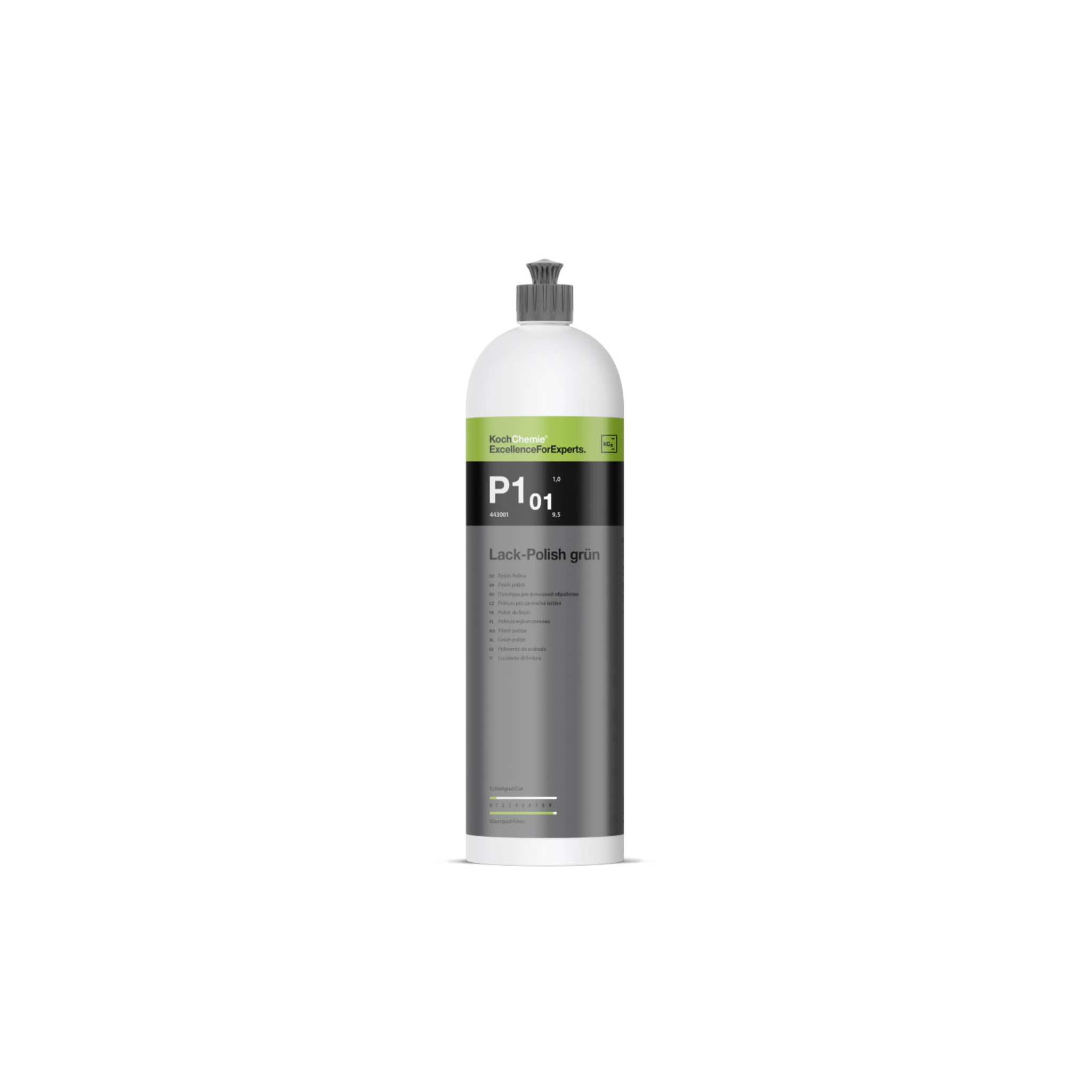 Koch-Chemie P1.01 Lack-Polish Grün protects and enhances paint with deep gloss and color, suitable for all paint types.