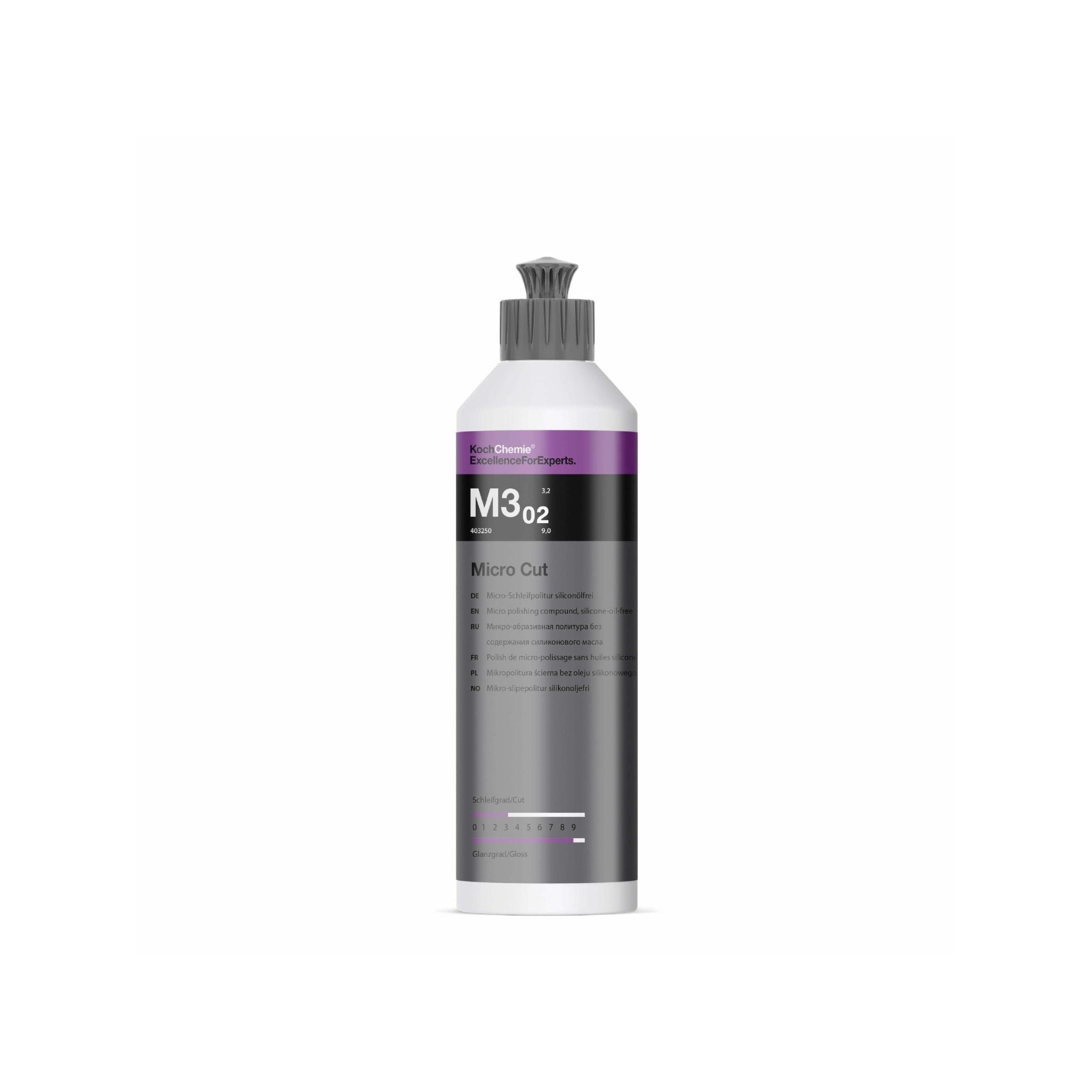 250ml Koch-Chemie M3.02 Micro Cut polish removes fine scratches, holograms, and sanding marks up to P3000 grit.