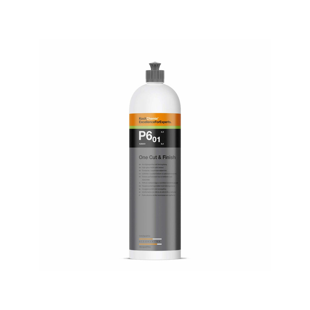 1L Koch-Chemie One Cut & Finish P6.02 machine polish removes scratches from P2000+, seals, and delivers high gloss finish.