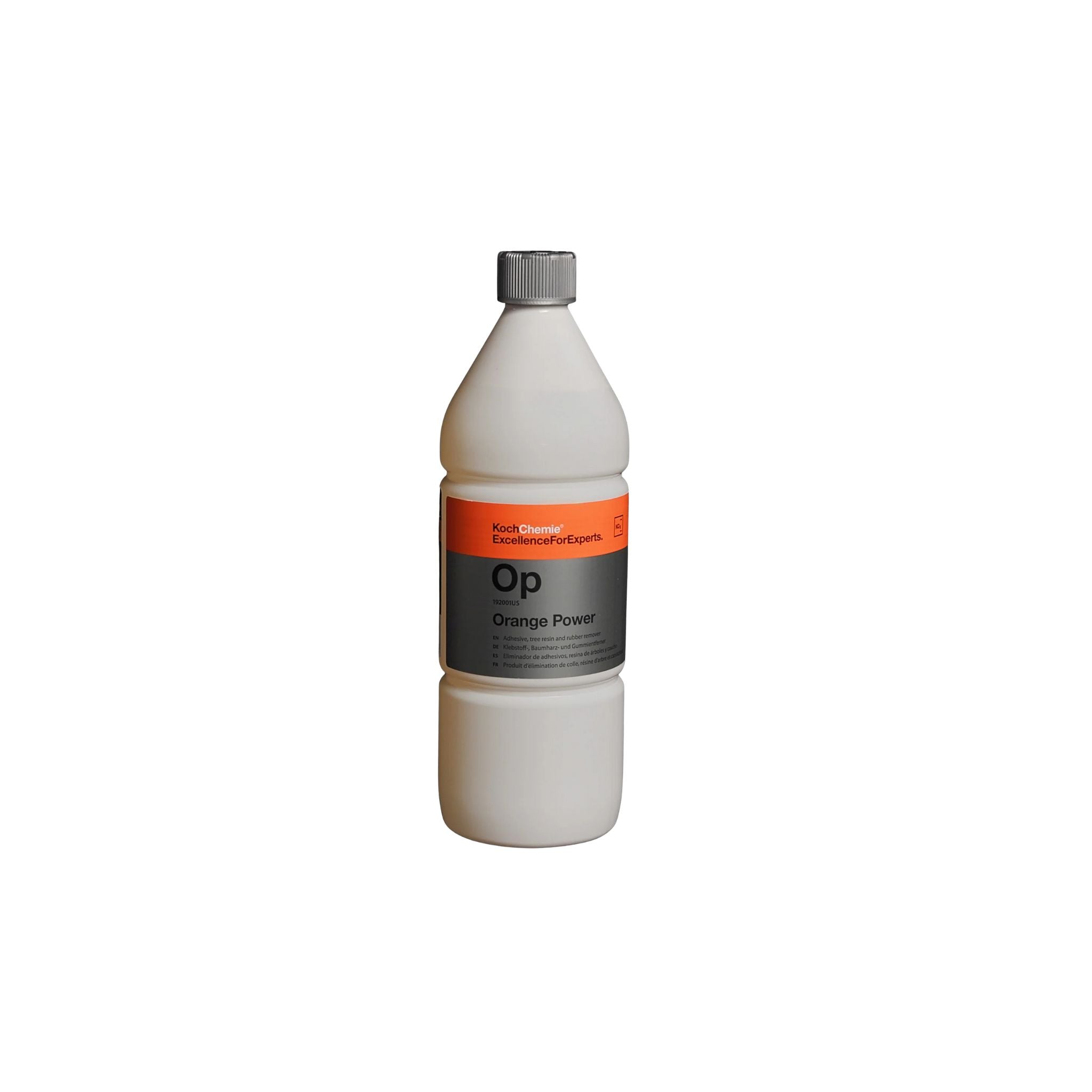 Koch-Chemie Orange Power 1L removes adhesives, grease, tar, and more from solvent-safe surfaces with a fresh orange scent.