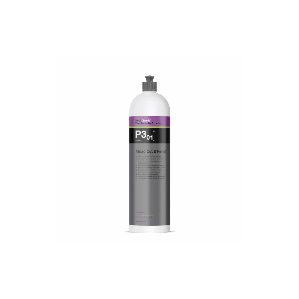 1L Koch-Chemie Micro Cut & Finish P3.01 removes fine scratches up to P3000, seals, and adds gloss on all paint systems.
