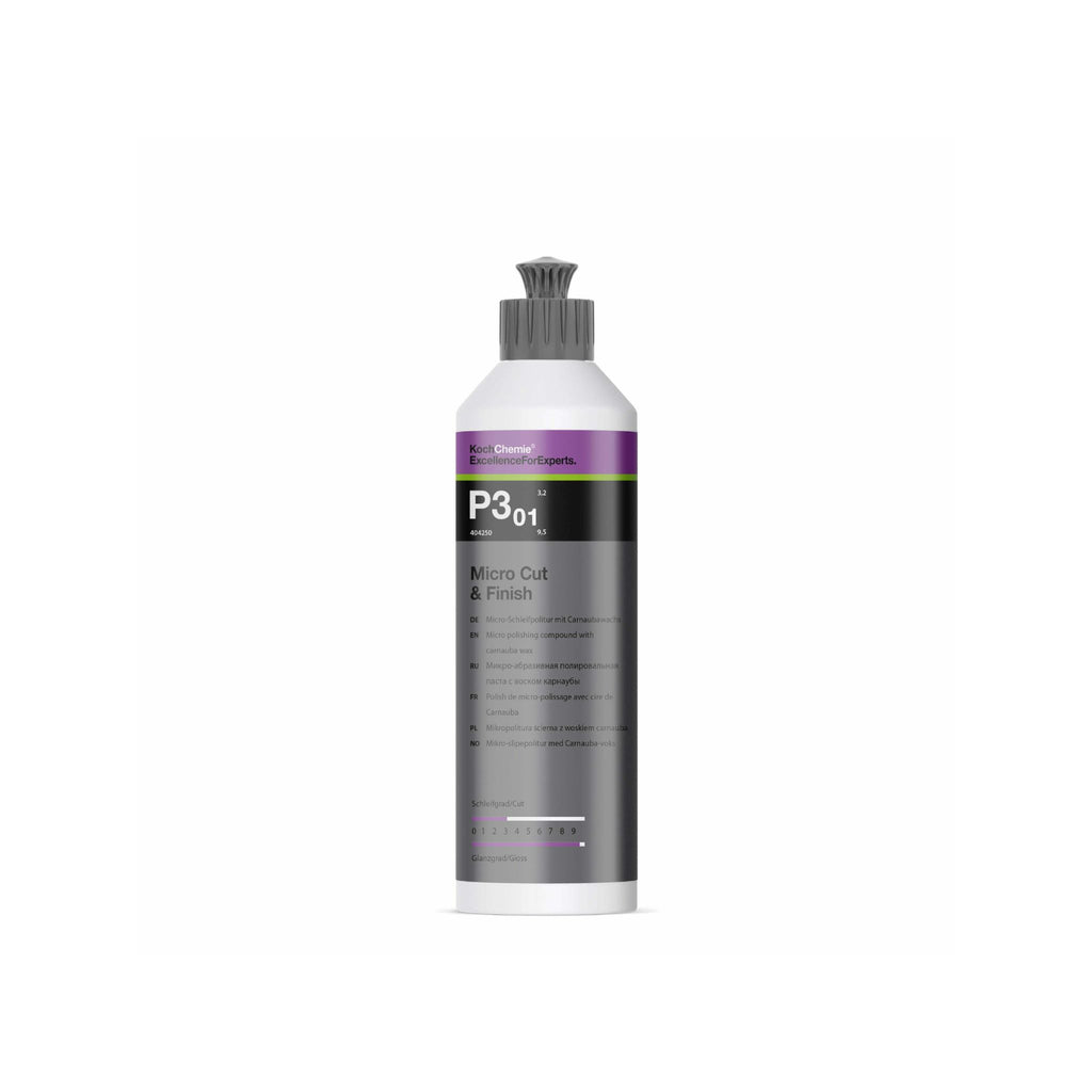 250mL Koch-Chemie Micro Cut & Finish P3.01 removes fine scratches up to P3000, seals, and adds gloss on all paint systems.