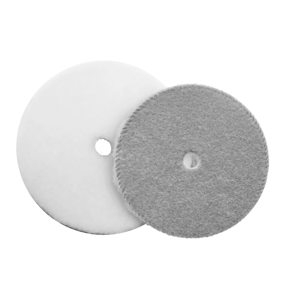 Koch-Chemie Short Lambswool Pad 5" shown front and back, with polishing wool face and Velcro backing side.