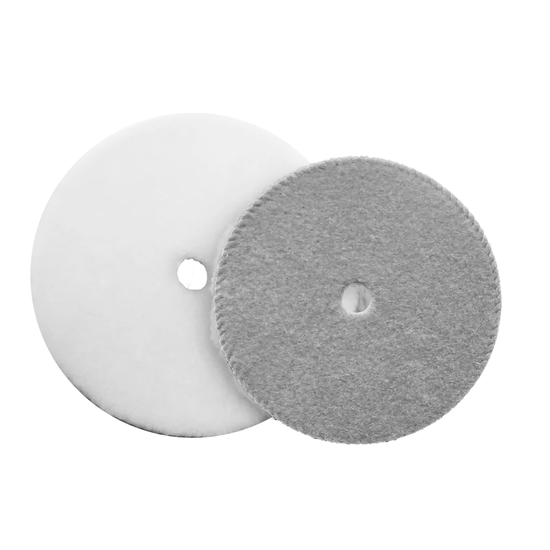 Koch-Chemie Short Lambswool Pad 5" shown front and back, with polishing wool face and Velcro backing side.