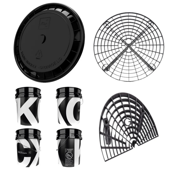 Koch-Chemie 5 GAL Detailing Bucket Set with lid and strainer, features reinforced rim and durable plastic build.