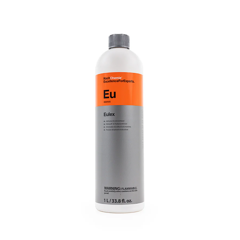 1L bottle of Koch-Chemie Eulex for removing tar, glue, and rubber stains in professional car detailing.
