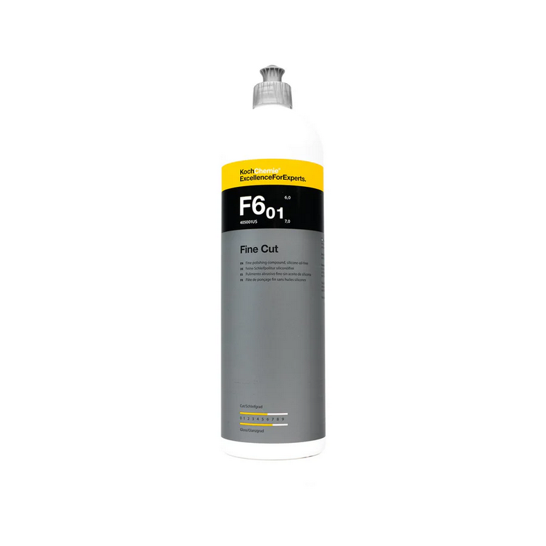 1L Koch-Chemie F6.01 Fine Cut polish for eliminating swirl marks and light scratches, restoring high-gloss finishes.