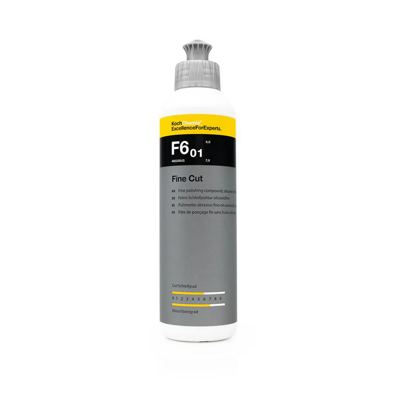 250ml Koch-Chemie F6.01 Fine Cut polish for removing moderate paint defects and restoring gloss on automotive surfaces.